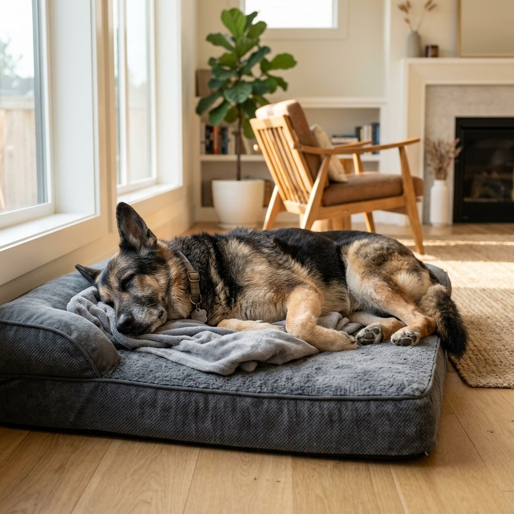 Senior German Shepherd resting peacefully on an orthopedic bed