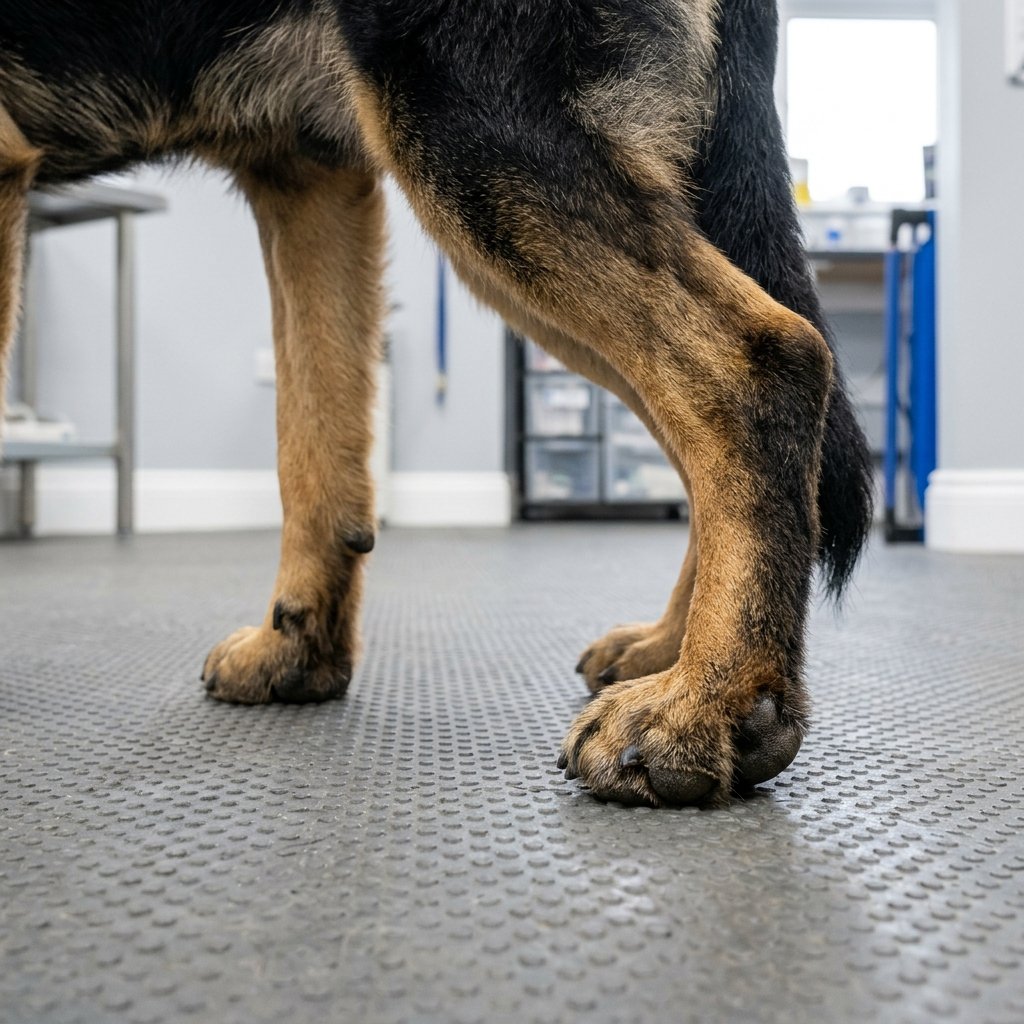 Close-up of GSD rear paws on non-slip clinical floor