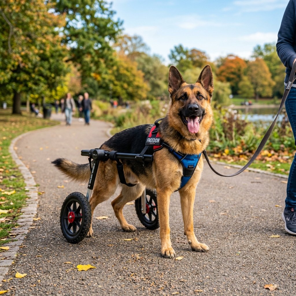 German Shepherd in an adjustable rear support dog wheelchair