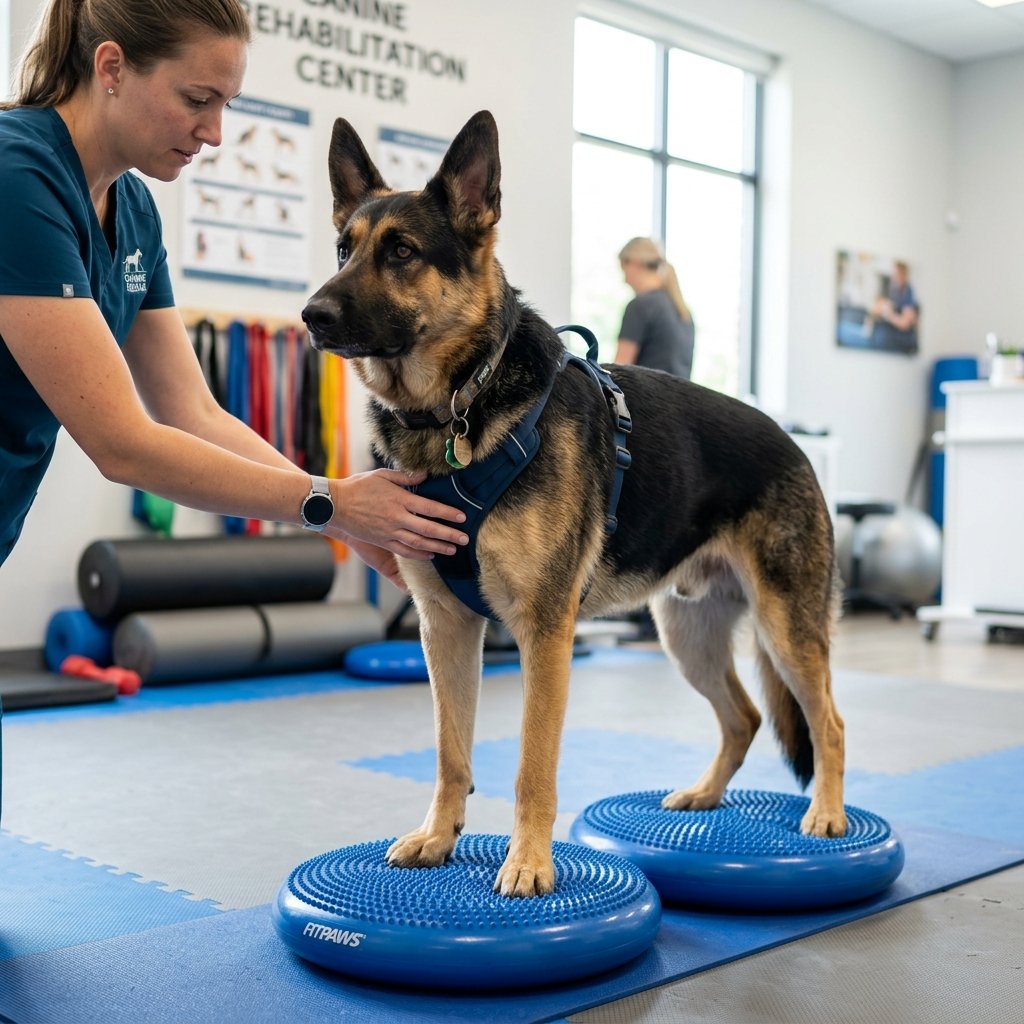 German Shepherd performing physical therapy on balance pads